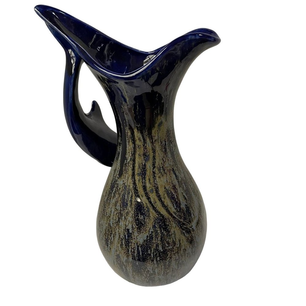 Pitcher Dolphin Handle Blue Glaze Sculptural Handle Art Vase Home Decor